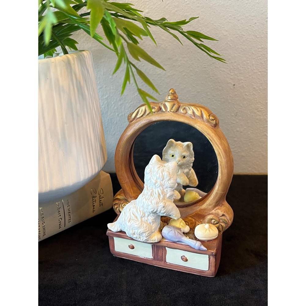 Vintage Ceramic Cat Vanity Figurine Mirror Dresser Made in Taiwan Kitten Decor